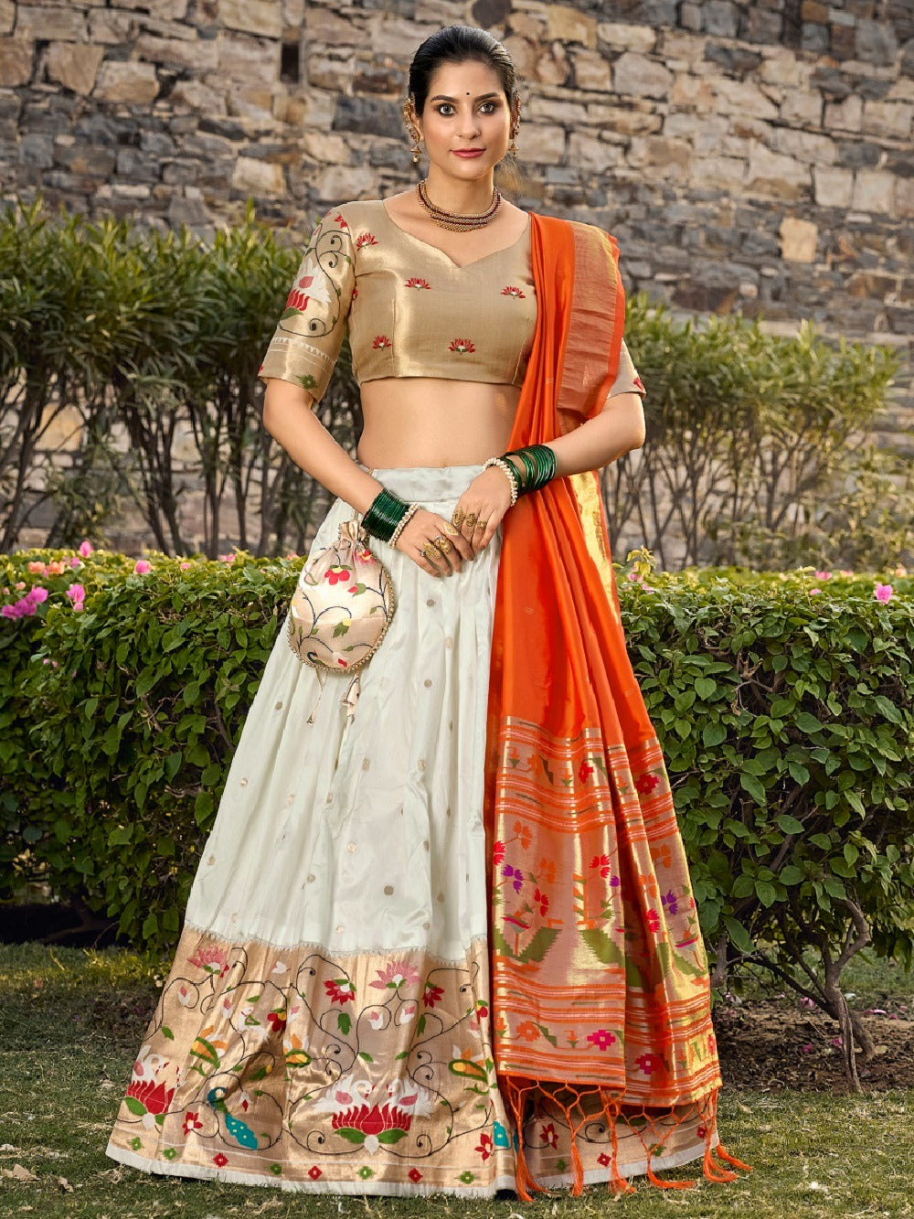 Pure White Jacquard Silk Paithani Lehenga Choli