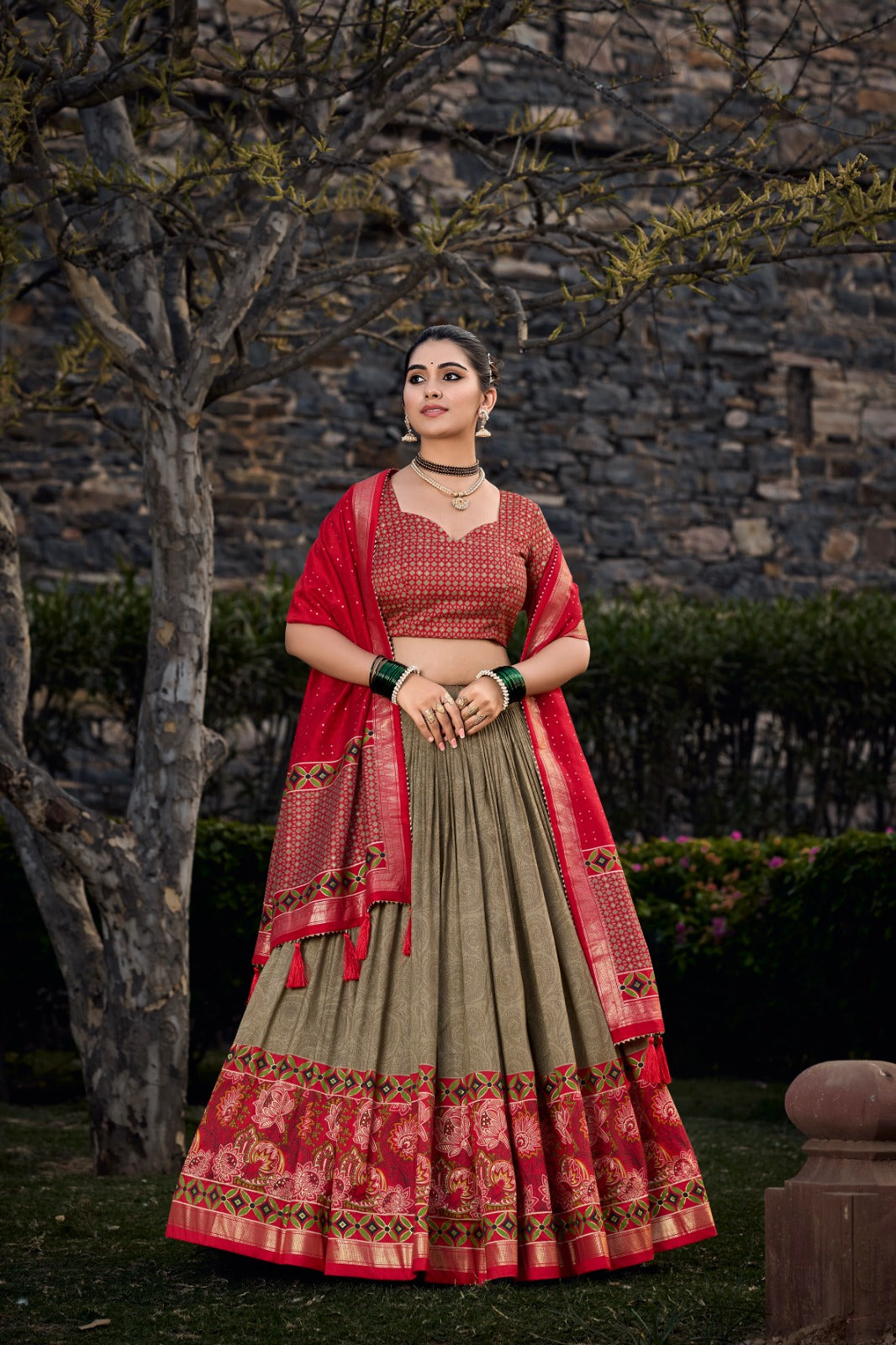 Red Diva Tussar Silk Printed Lehenga Choli