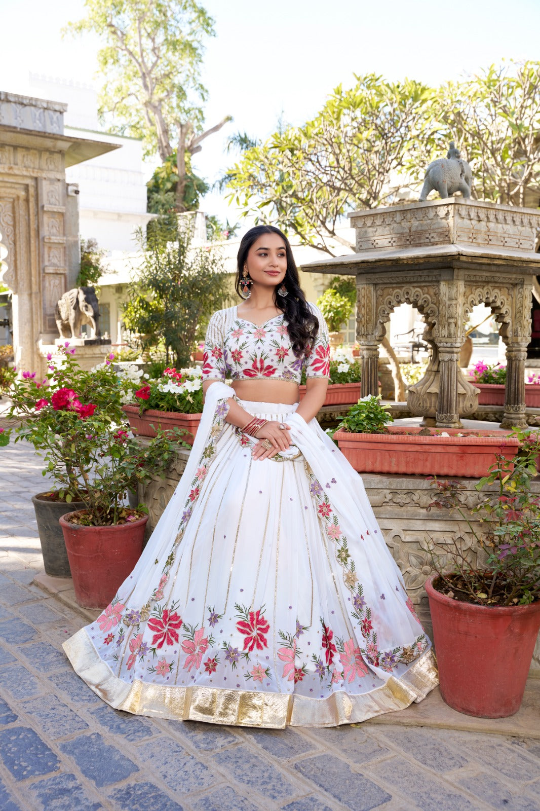 Wonder White Georgette Lehenga Choli With Sequins and Thread Embroidery Work