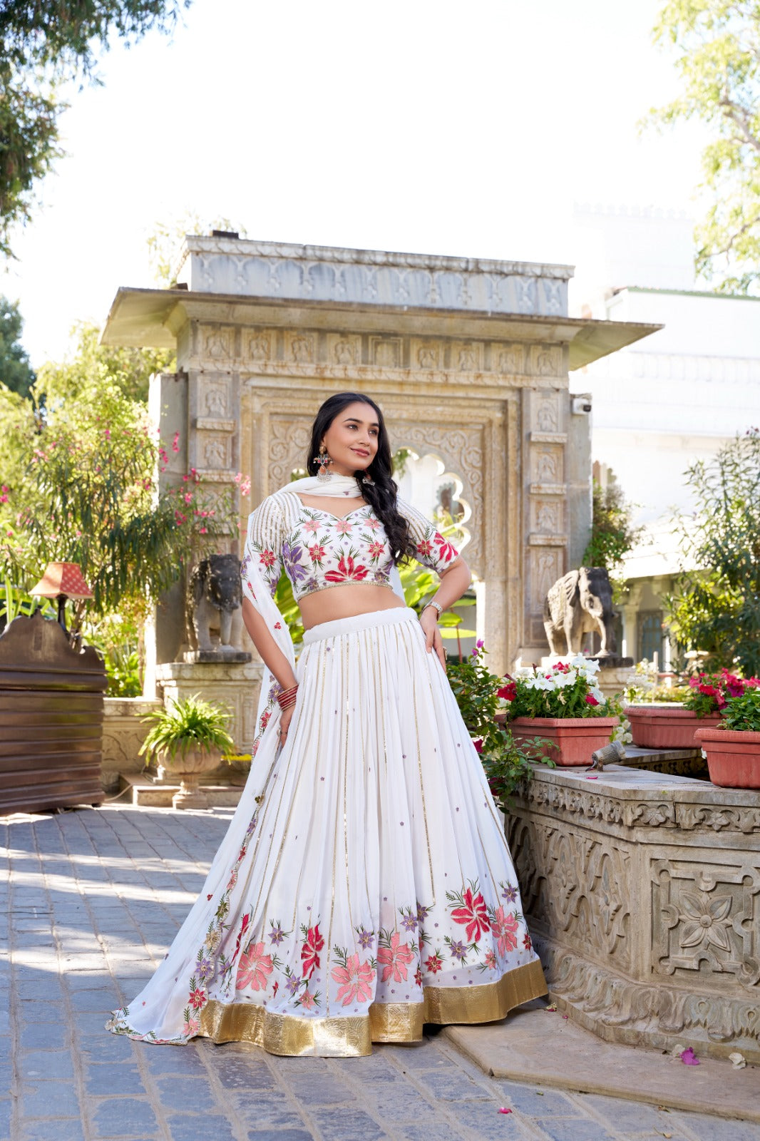 Wonder White Georgette Lehenga Choli With Sequins and Thread Embroidery Work