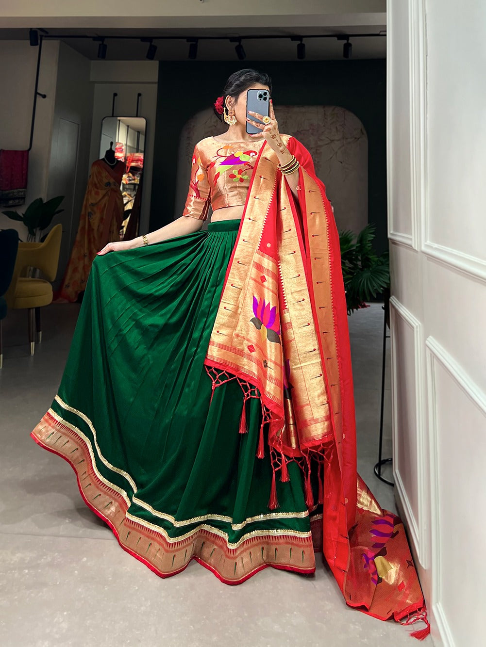 Beautilful Vichitra Silk Lehenga Choli | Plain With Paithani Lace Border Work