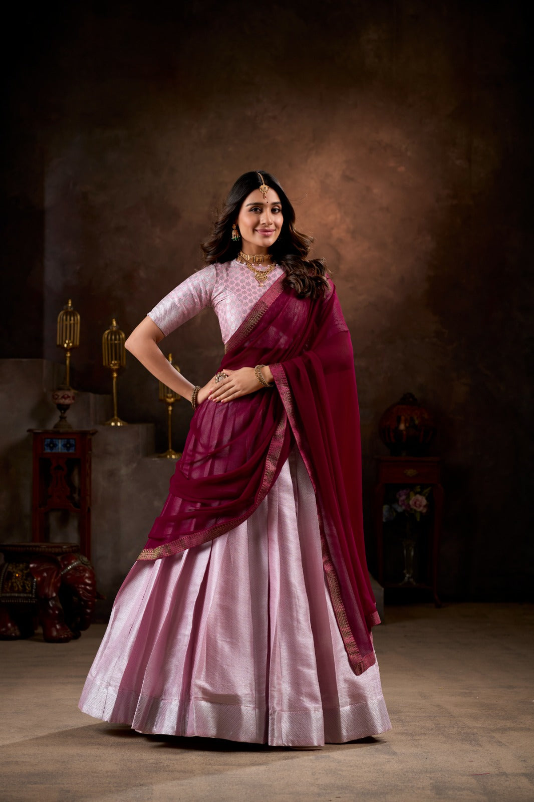 Pink & Purple Jacquard Silk With Weaving Work Lehenga Choli