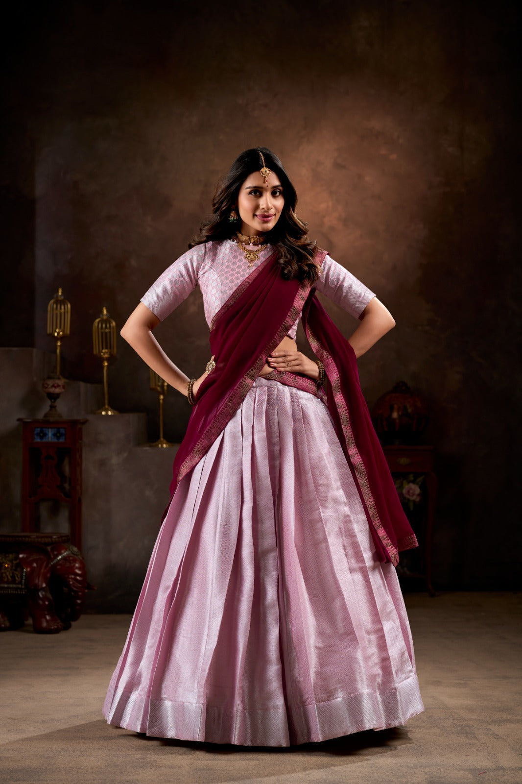 Pink & Purple Jacquard Silk With Weaving Work Lehenga Choli