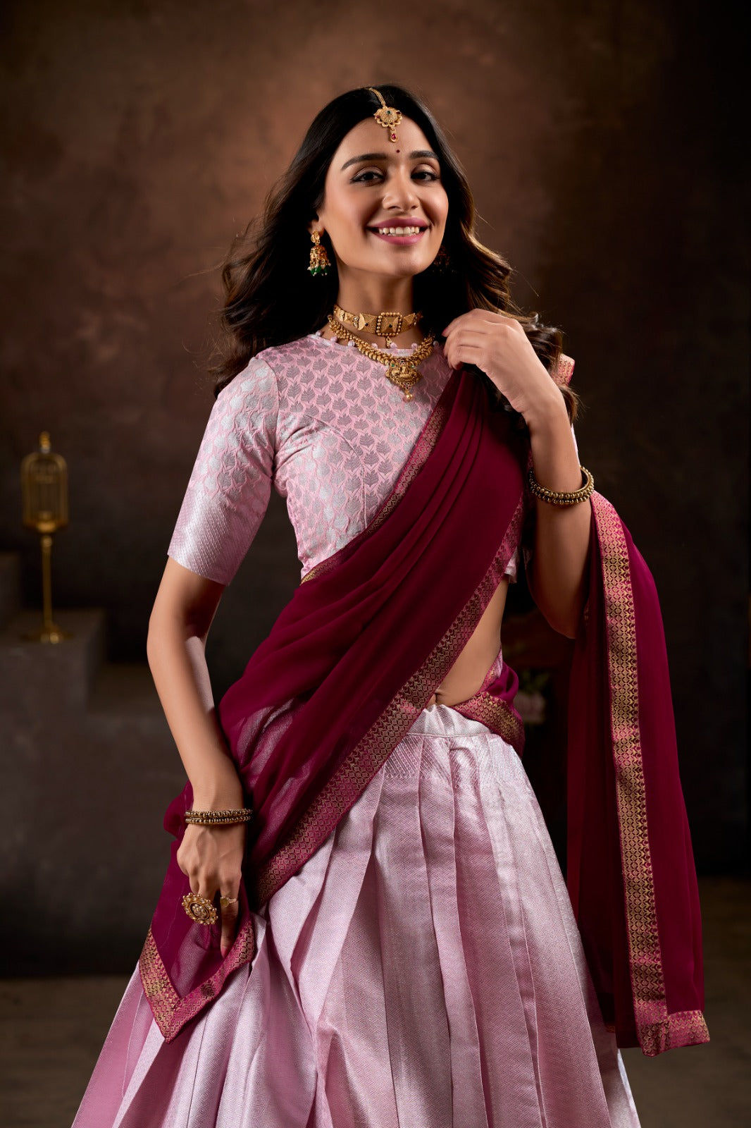 Pink & Purple Jacquard Silk With Weaving Work Lehenga Choli