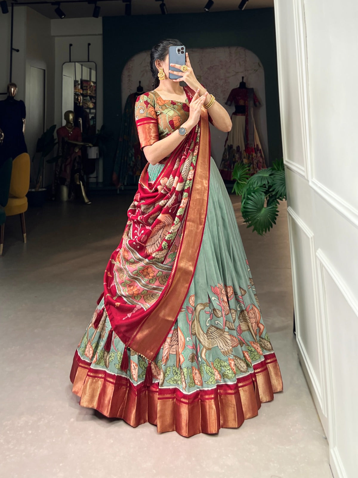 Printed Kalamkari Lehenga Choli With Zari Weaving Border Work