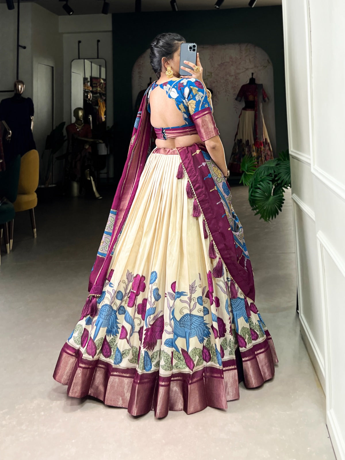 Printed Kalamkari Lehenga Choli With Zari Weaving Border Work