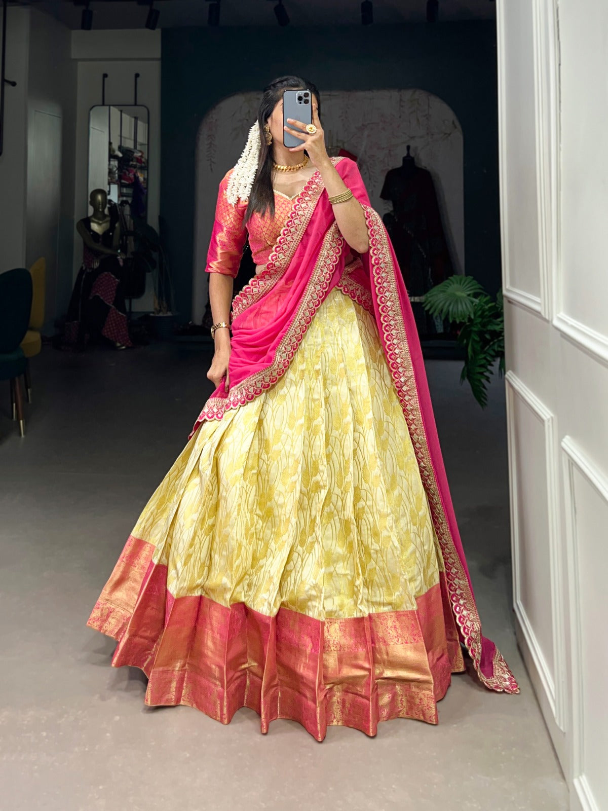 Elegant Yellow Jacquard Silk Lehenga Choli