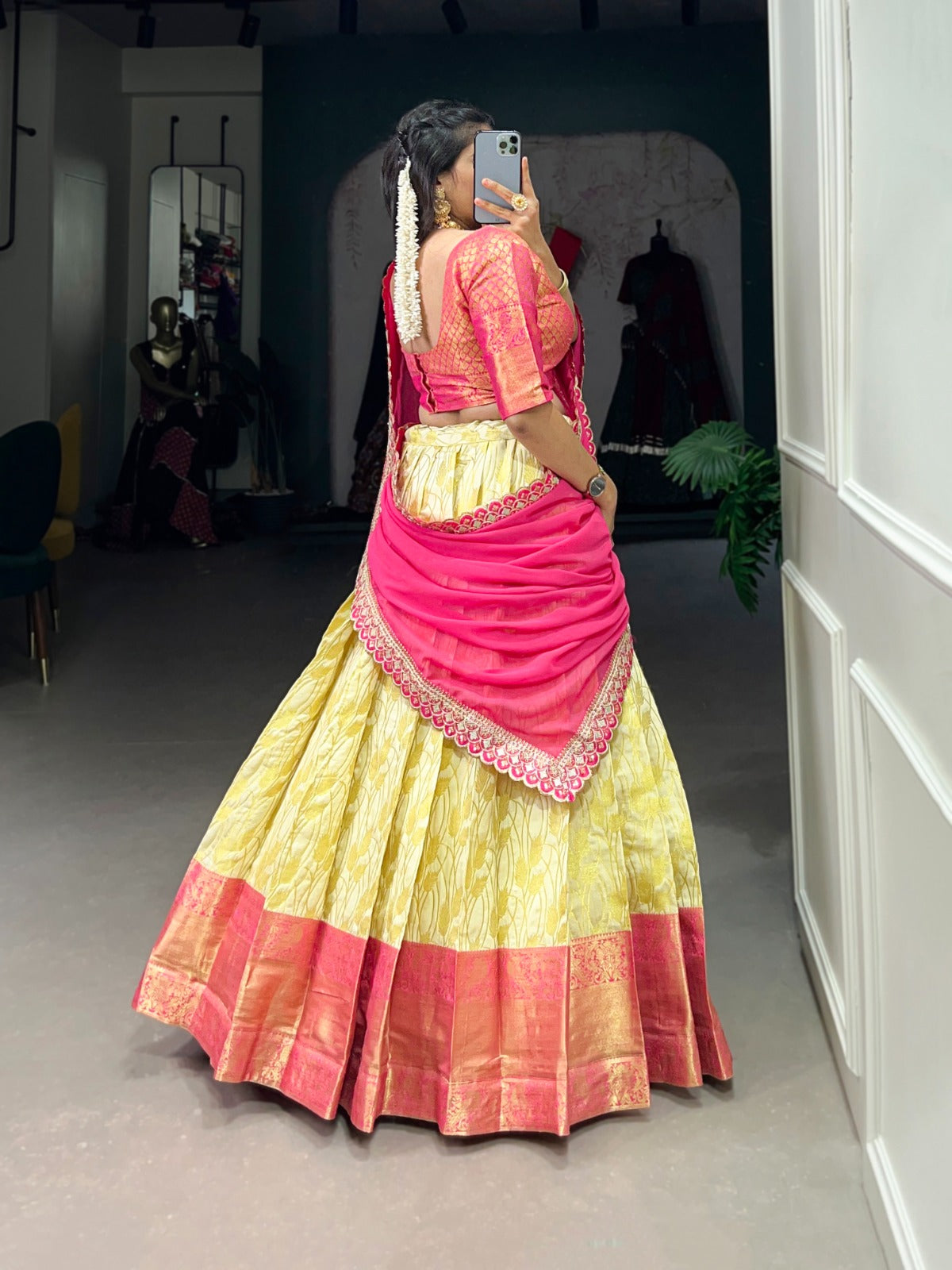 Elegant Yellow Jacquard Silk Lehenga Choli