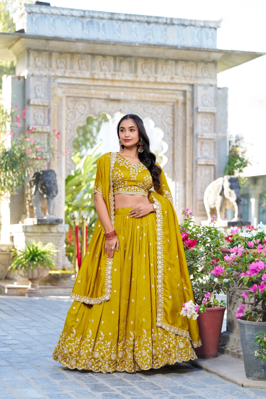 Mustard Vichitra Silk Lehenga With Sequins & Thread Embroidery Work