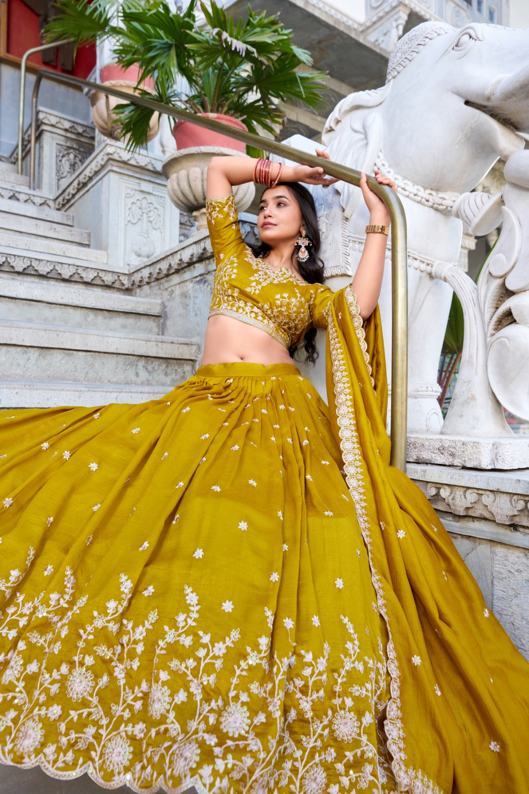 Mustard Vichitra Silk Lehenga With Sequins & Thread Embroidery Work