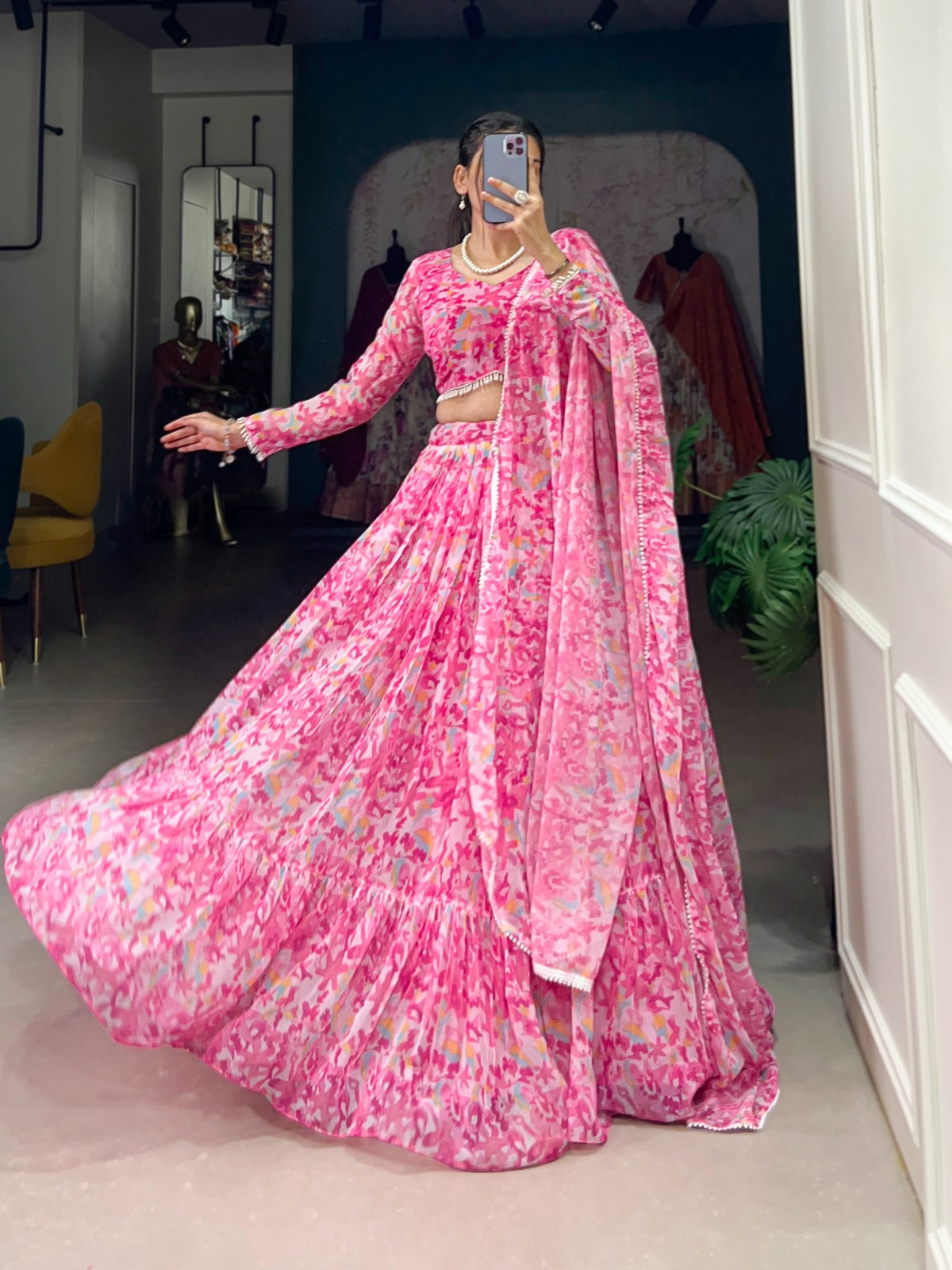 Light Pink Georgette Lehenga Choli With Floral Print