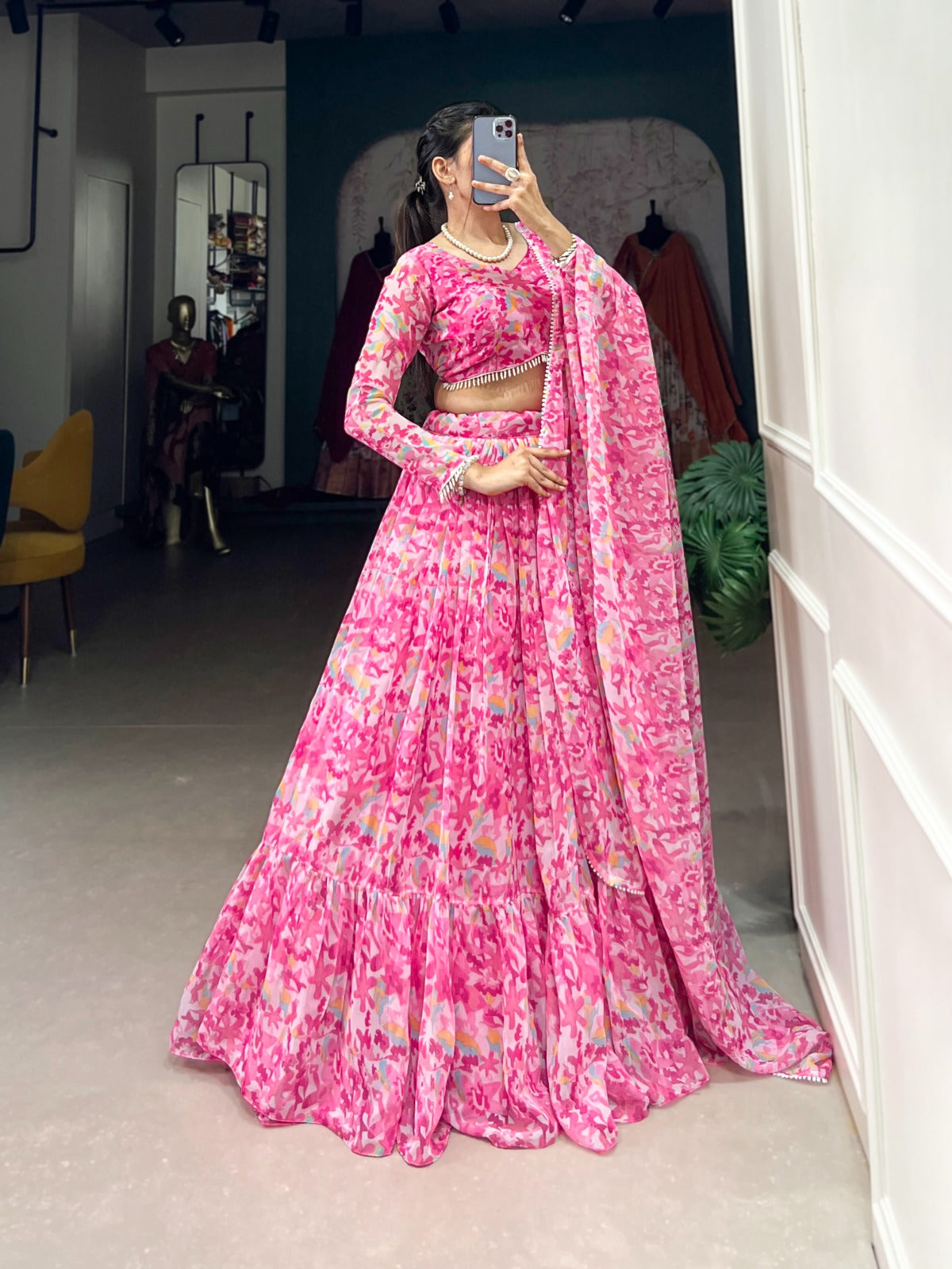 Light Pink Georgette Lehenga Choli With Floral Print