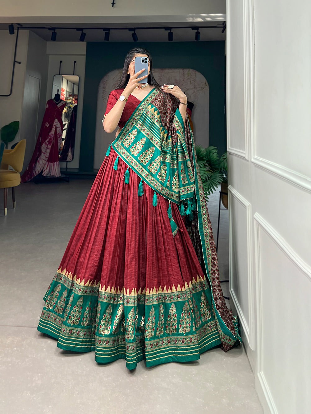 Red Tussar Silk Lehenga Choli With Foil Print Work