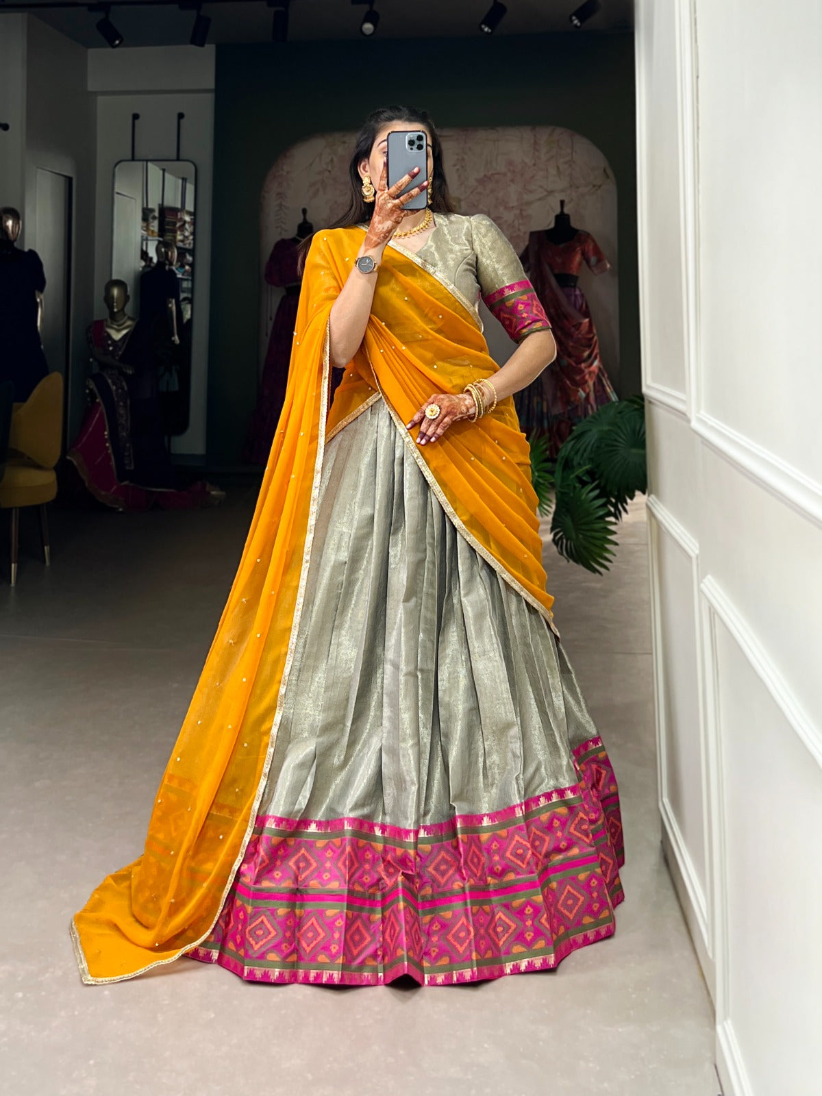 Grey Jacquard Silk Lehenga And Weaving Work With Ikkat Kanjivaram