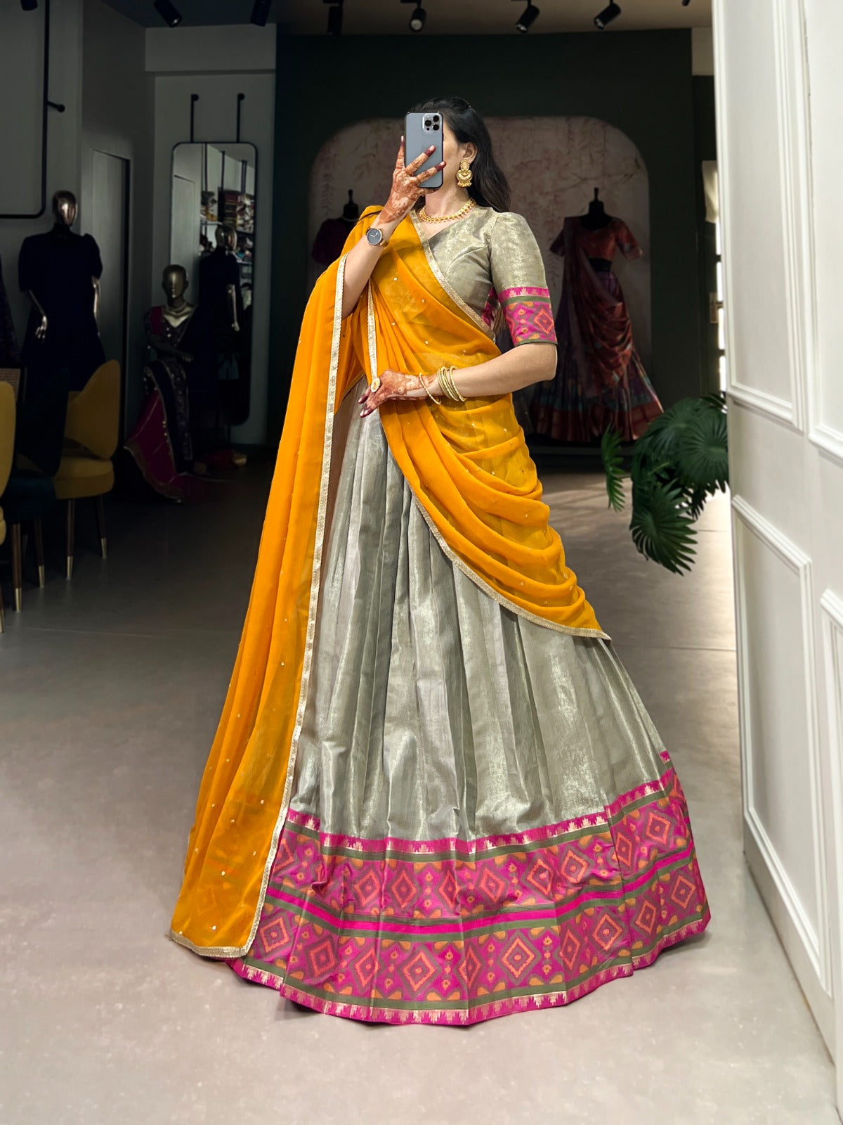 Grey Jacquard Silk Lehenga And Weaving Work With Ikkat Kanjivaram