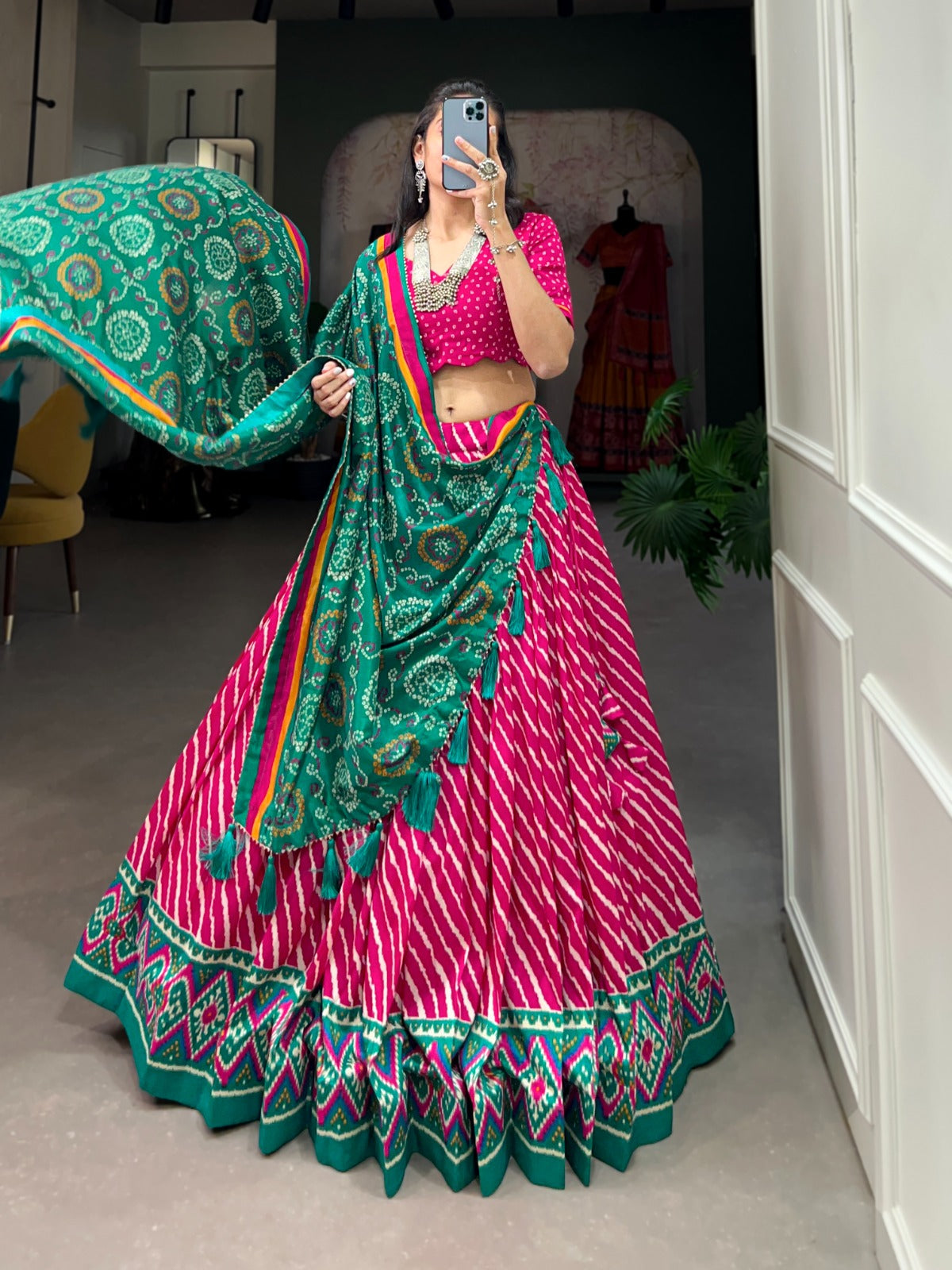 Elegant Leheriya Print Tussar Silk Lehenga Choli