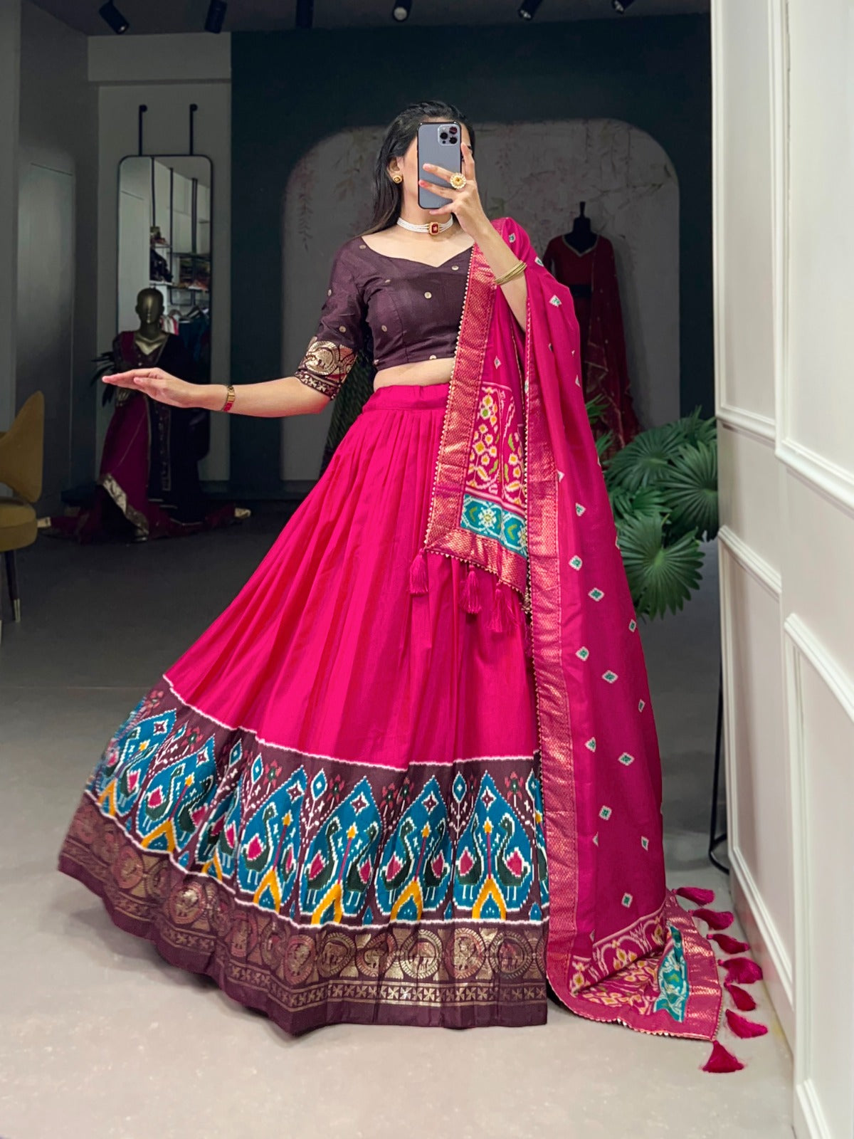 Pink Dola Silk Printed Lehenga Choli With Foil Work