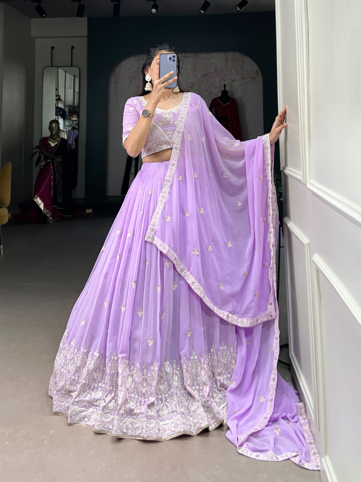 Lavender Dreams Georgette Lehenga With Sequins & Thread Embroidery Work