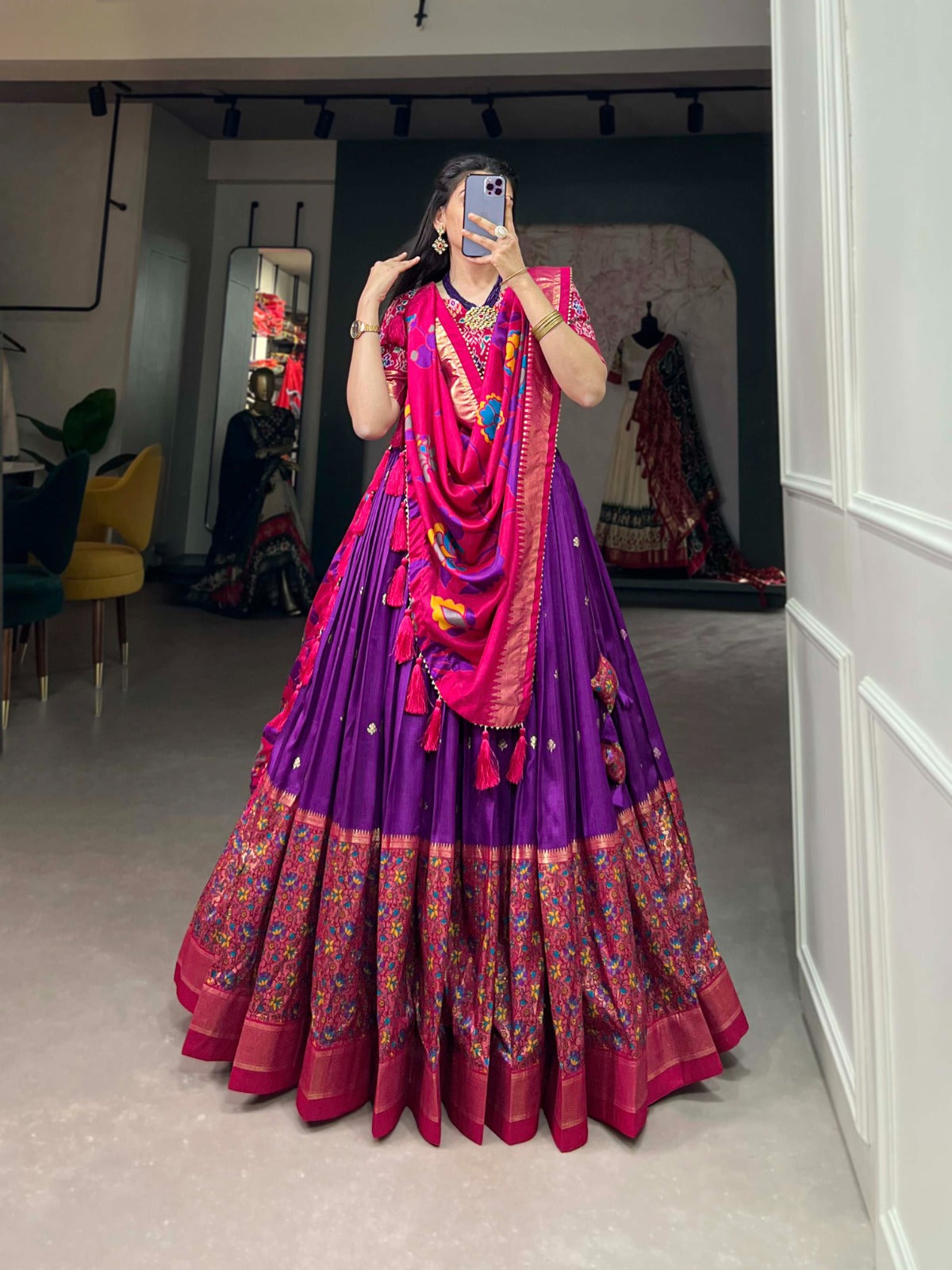 Purple Tussar Silk Printed Lehenga With Foil Print Work