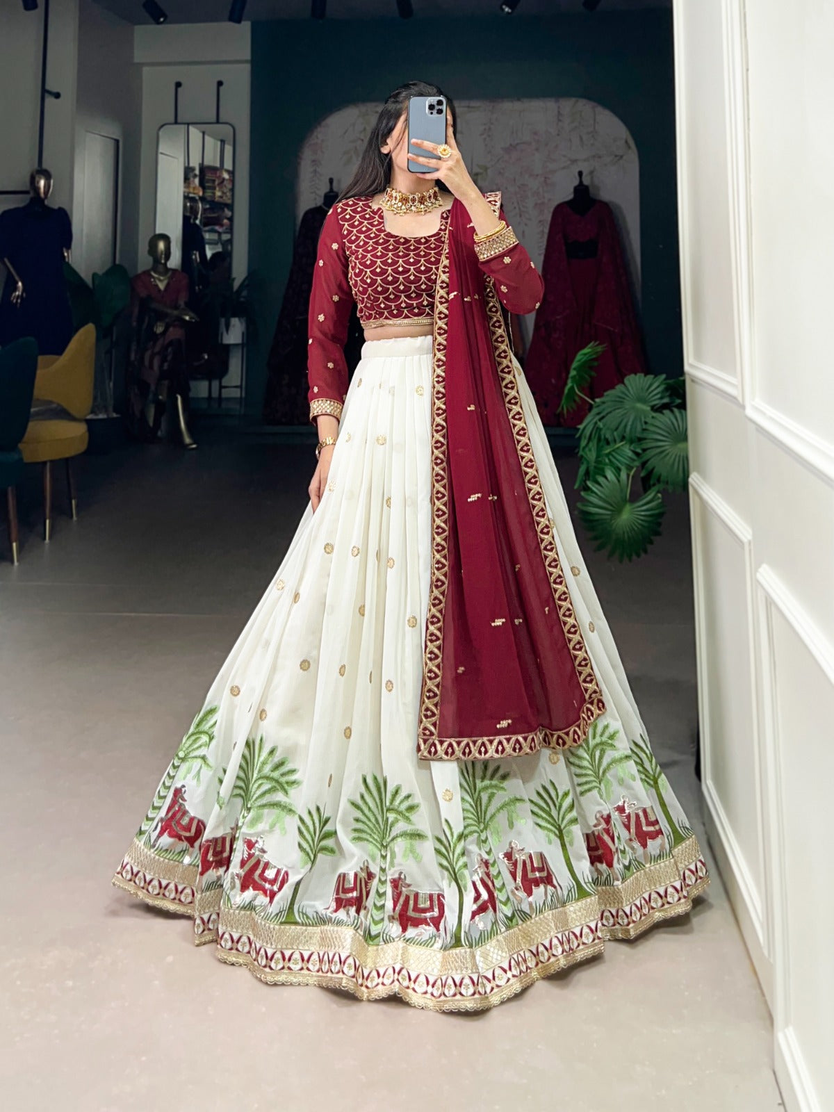 Red Georgette Lehenga Choli With Sequins & Thread Embroidery Work And Lace Touch Up