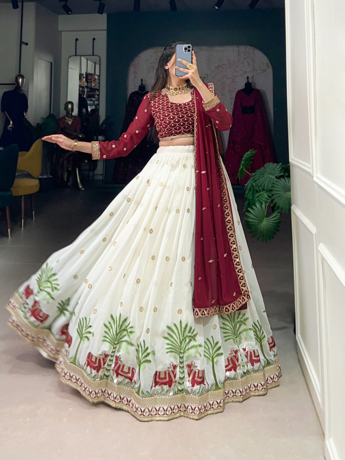 Red Georgette Lehenga Choli With Sequins & Thread Embroidery Work And Lace Touch Up