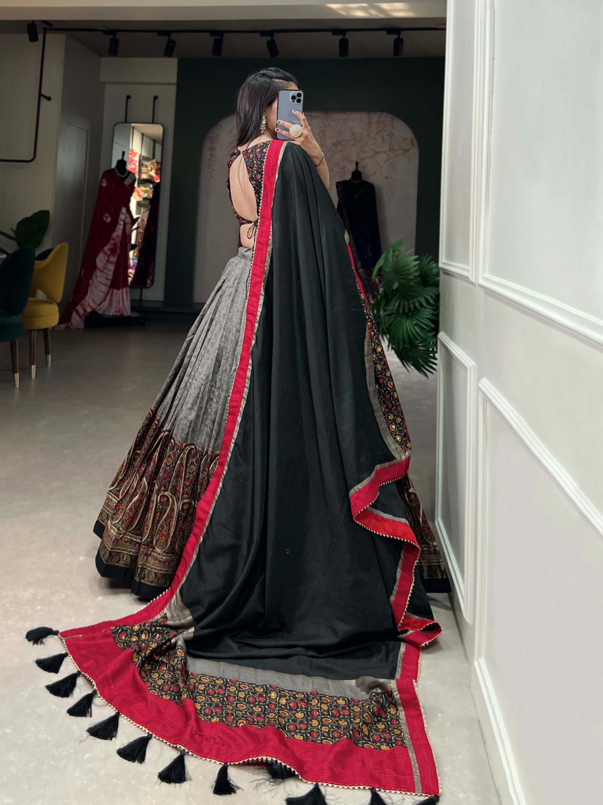 Grey Tussar Silk Lehenga With Kashmiri Print & Foil Print Work