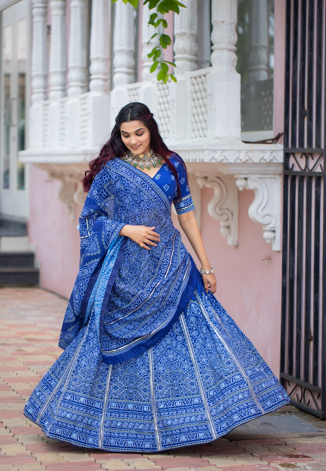 Blue Bandhani Print Lehenga Choli With Gota Patti & Tassels Work