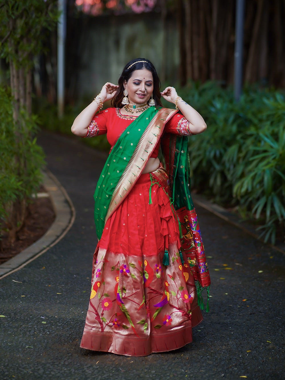 Red Paithani Jacquard Silk Lehenga Choli With Weaving Zari Work