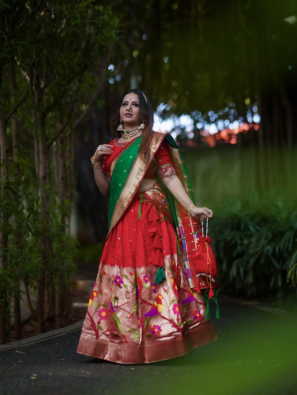 Red Paithani Jacquard Silk Lehenga Choli With Weaving Zari Work