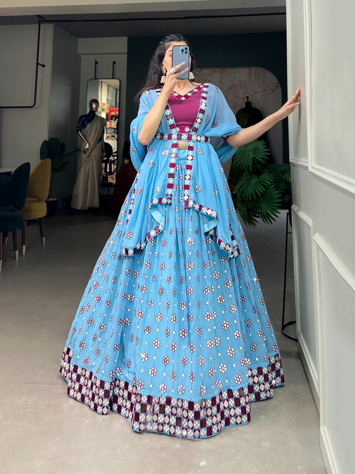 Sky Blue Georgette Lehenga Choli With Original Mirror Work