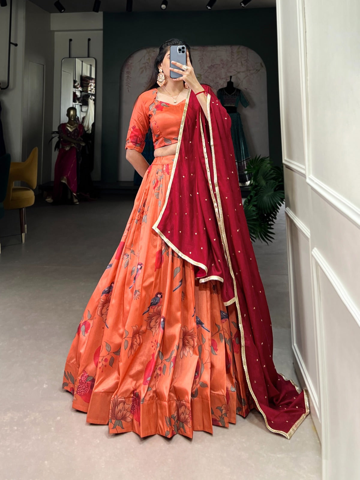 Orange Tussar Silk Lehenga Choli With Bird Printing Work