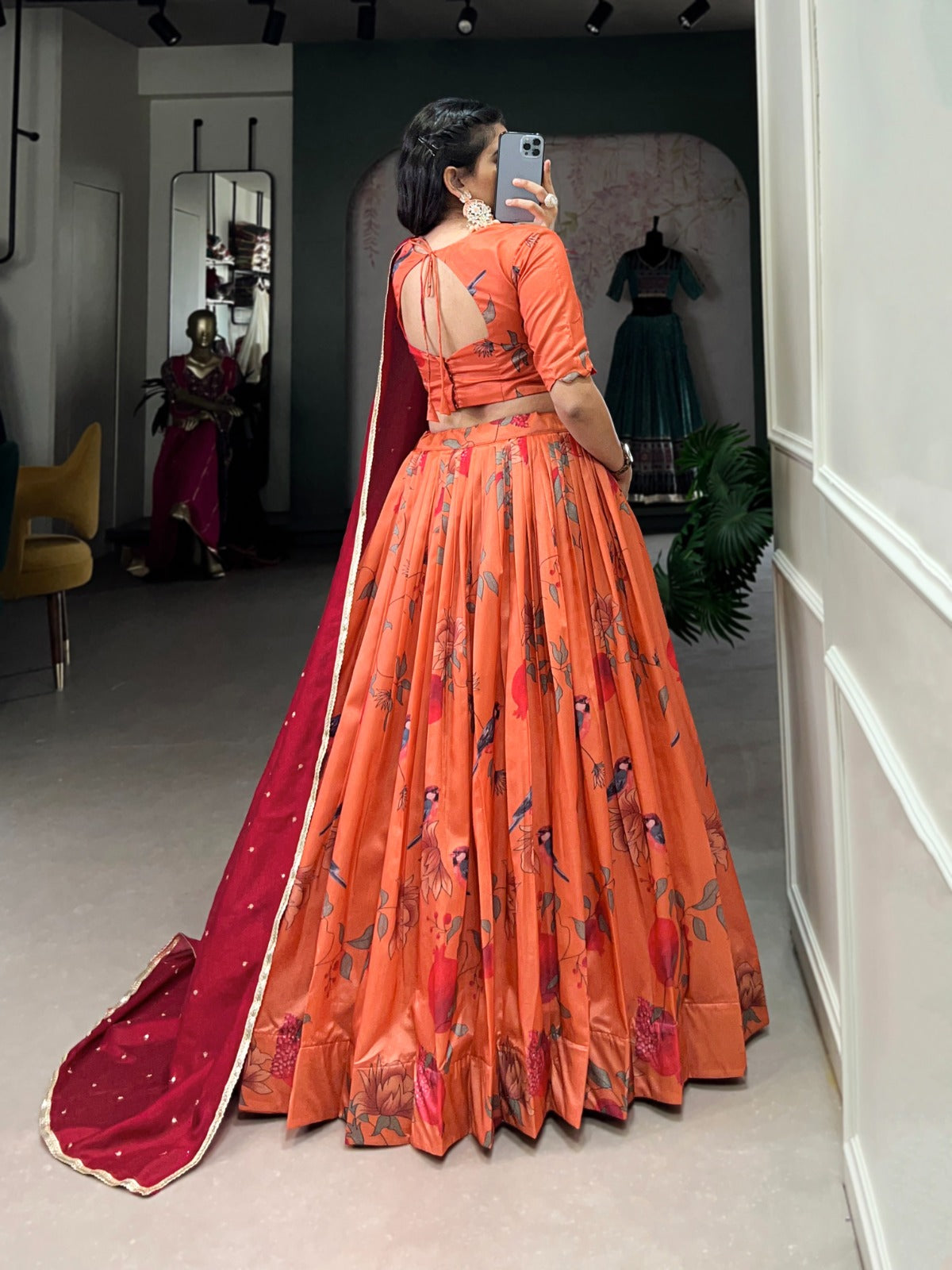 Orange Tussar Silk Lehenga Choli With Bird Printing Work