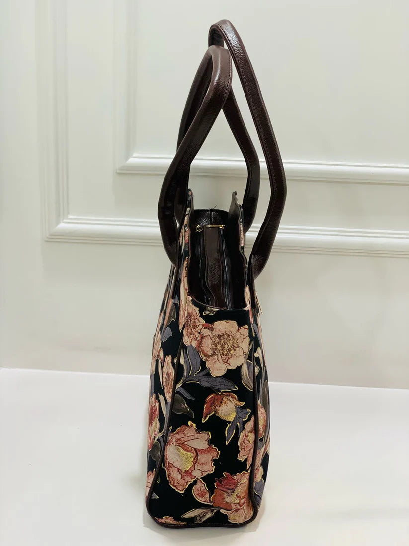 Black Floral Morvi Laptop Bag With Phone Pouch