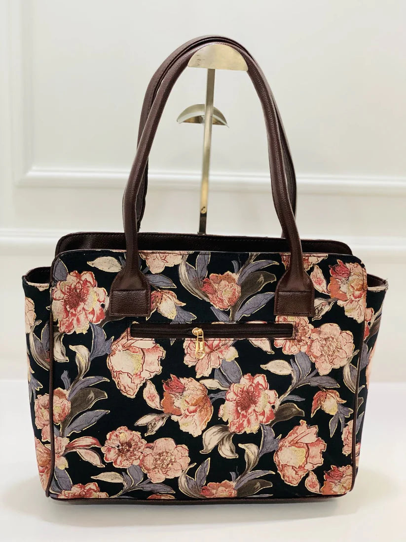 Black Floral Morvi Laptop Bag With Phone Pouch