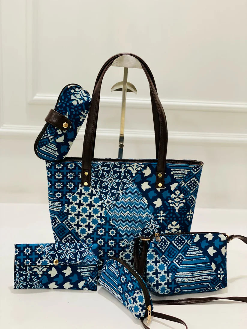 Blue Indigo Patchwork 5-in-1 Tote Bag Set For Women