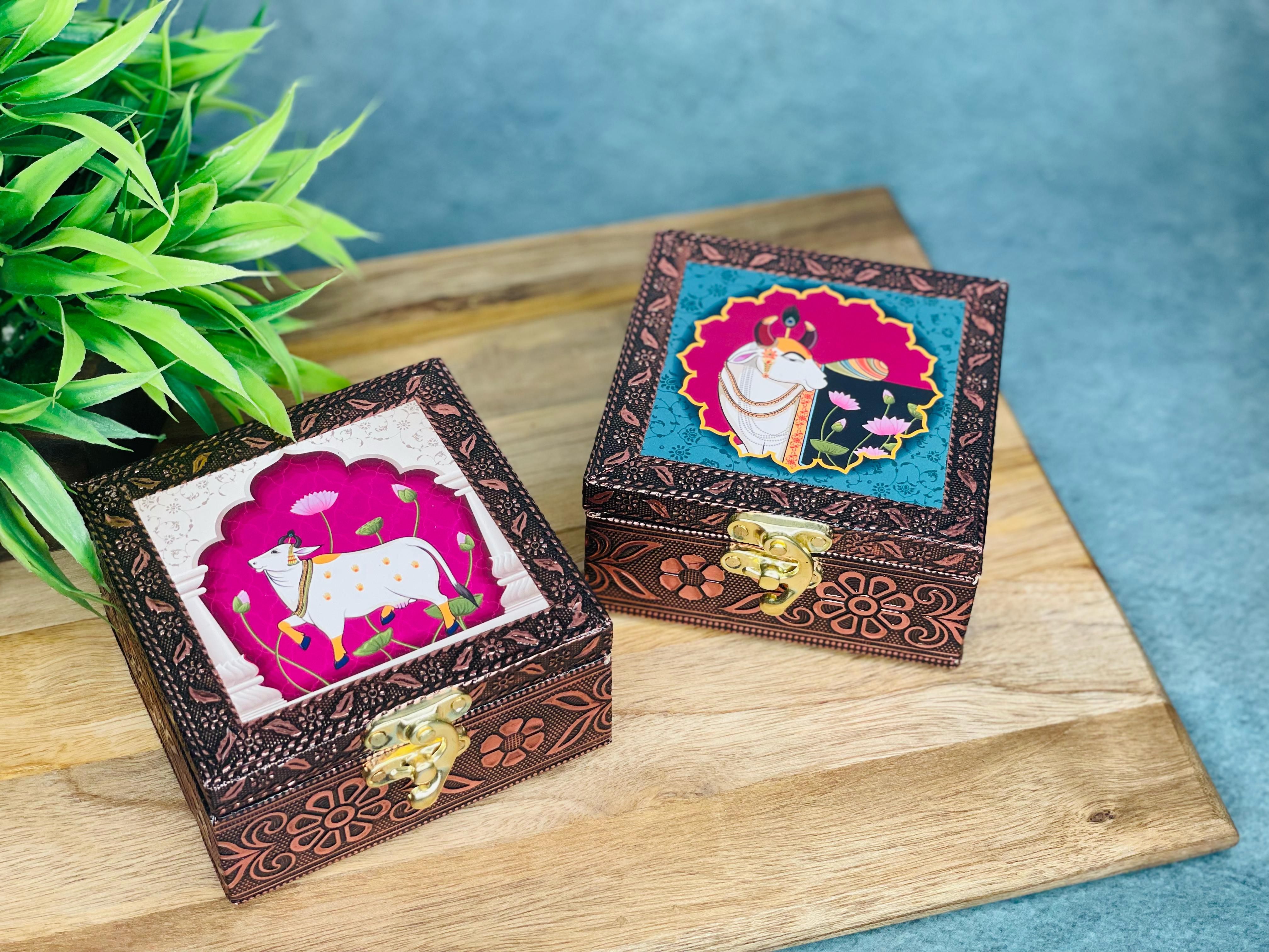 Pichwai print wooden jewellery box with oxidised copper finish, traditional Indian decorative storage box for jewellery, keepsakes and gifting.