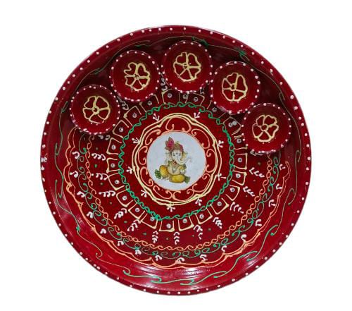 Decorative Red Cone Work Steel Ganesha Hand Painted Pooja Aarti Thali