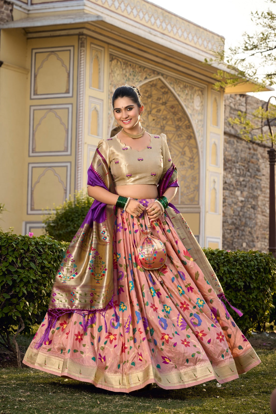 Peachy Jacquard Silk Paithani Lehenga Choli