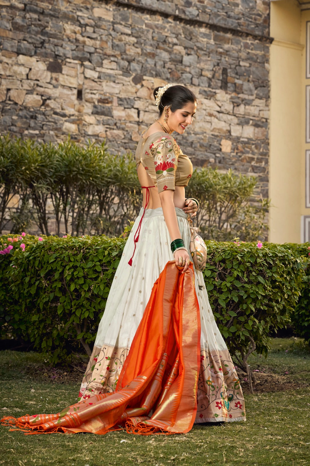 Pure White Jacquard Silk Paithani Lehenga Choli