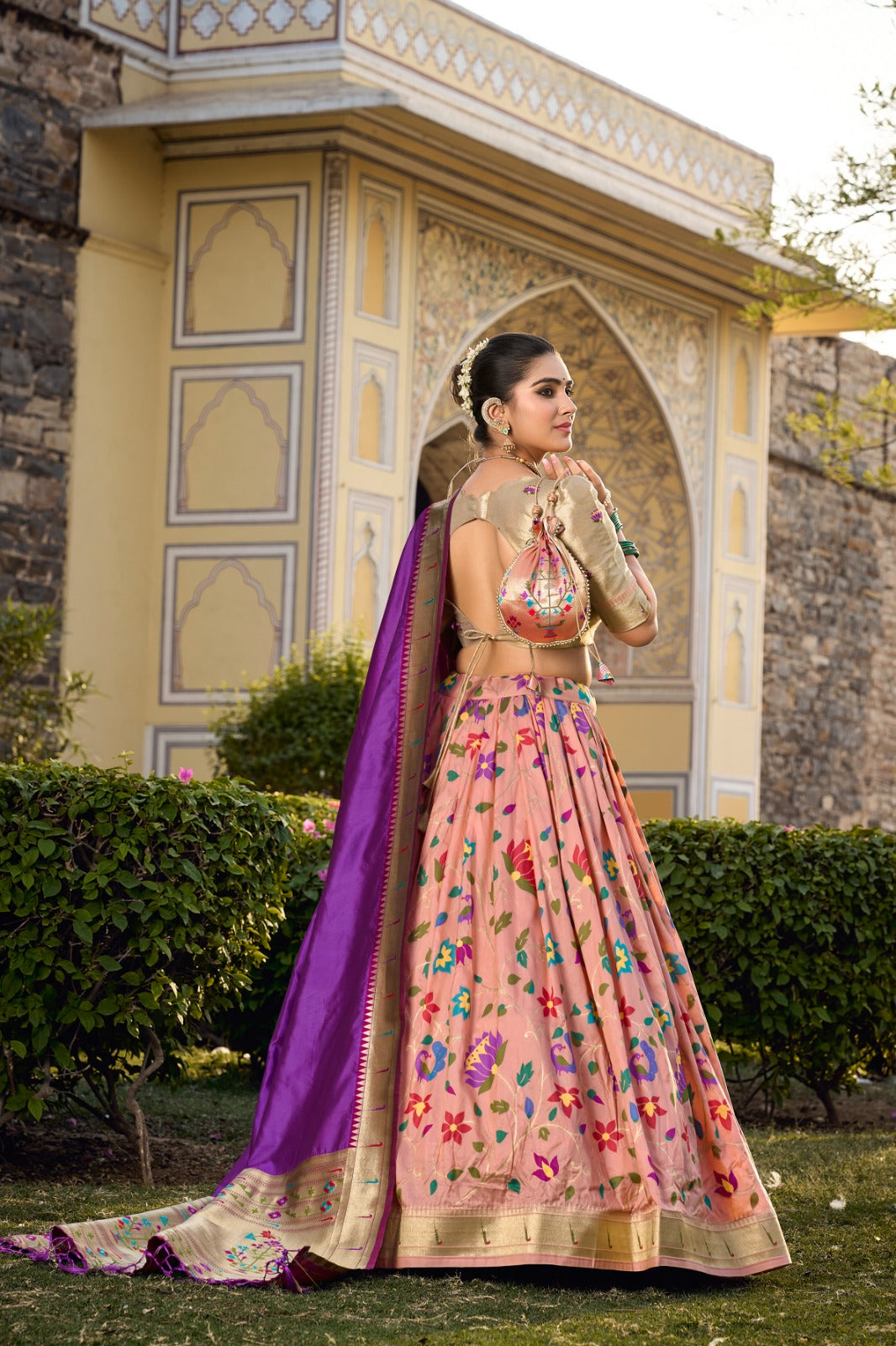 Peachy Jacquard Silk Paithani Lehenga Choli