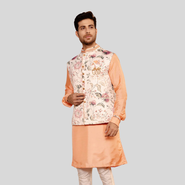 White Green Floral Print Jodhpuri Jacket with Kurta Pajama Set