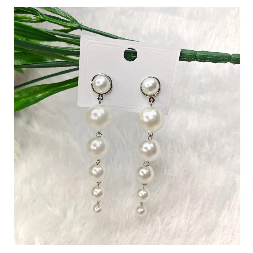 White Pearl Long Drop Earrings