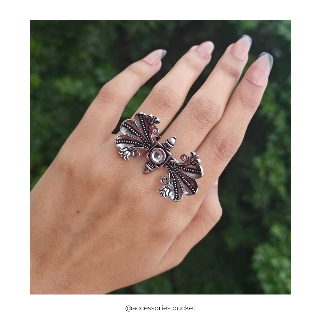 Tribal Blossom Oxidised Ring