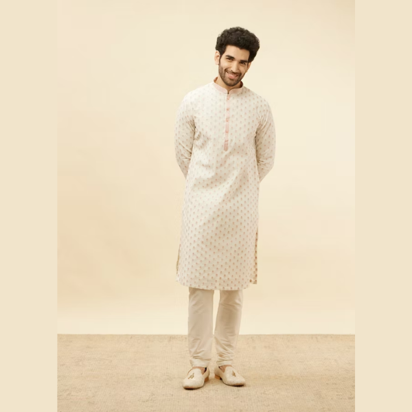 Manyawar White and Coral Pink Floral Motif Kurta Set