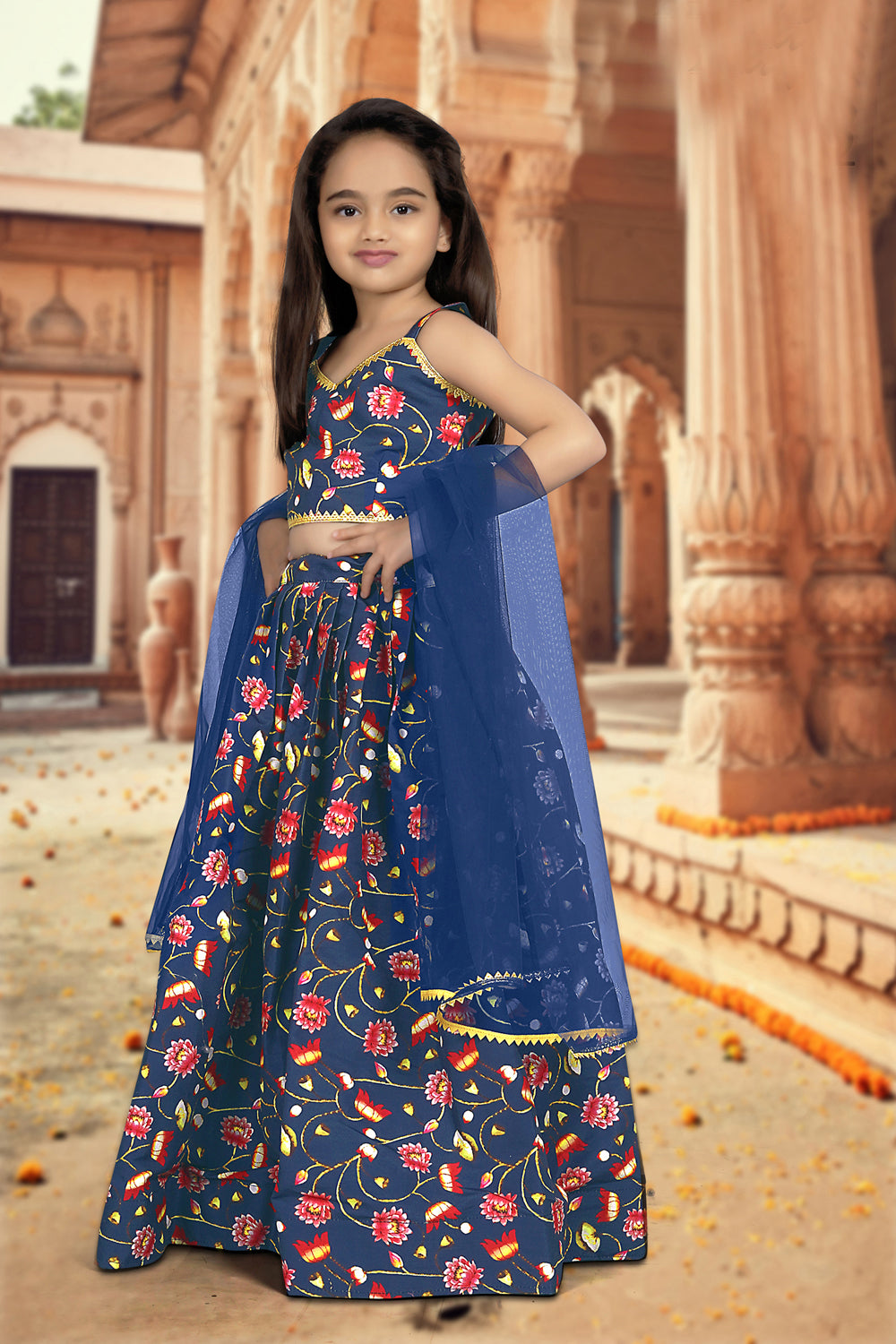 Latest Digital Print Work Silk Blue Kids Lehenga Choli | Ready To Wear - India shopping