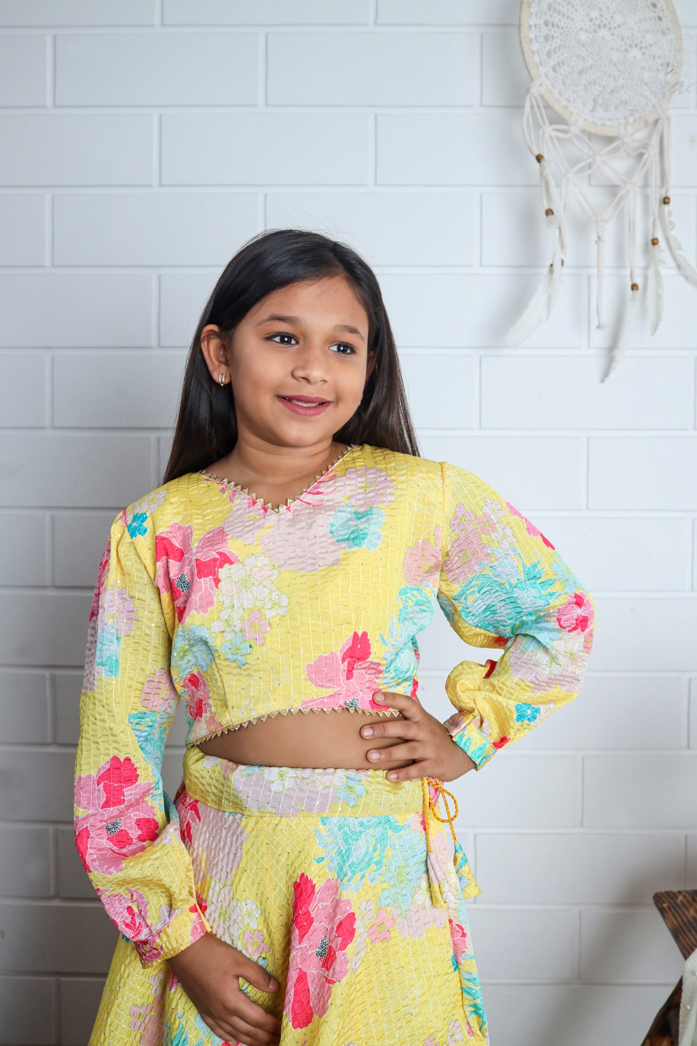 New Designer Chinon Sequins Crochet  Digital Print Work Yellow Kids Lehenga Choli | Ready To Wear - India shopping