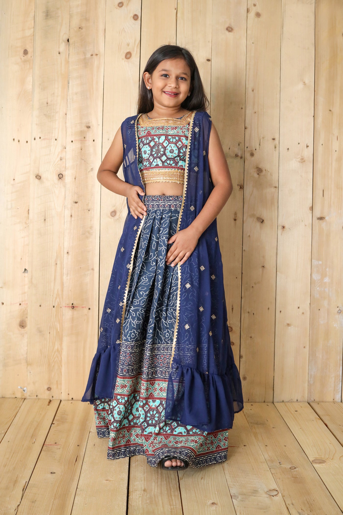 New Special Digital Print Work Shrug Sequance work Blue Kids Lehenga Choli | Ready To Wear