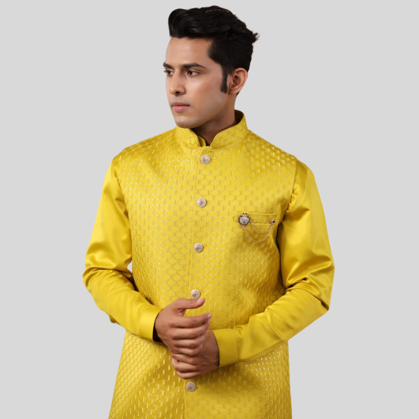 Yellow Color Embroidery Long Jacket with Kurta Pajama