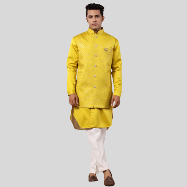 Yellow Color Embroidery Long Jacket with Kurta Pajama