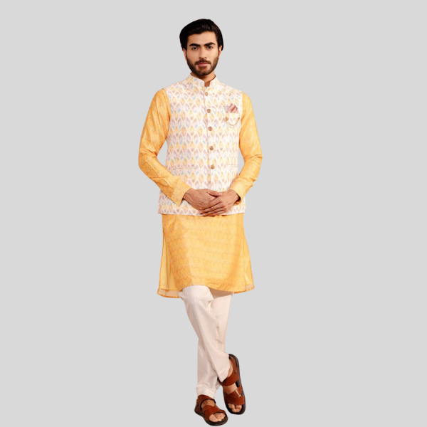 Yellow Jacket with Kurta Pajama Set | Jodhpuri Print